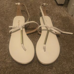 White T Strap Flat Sandals